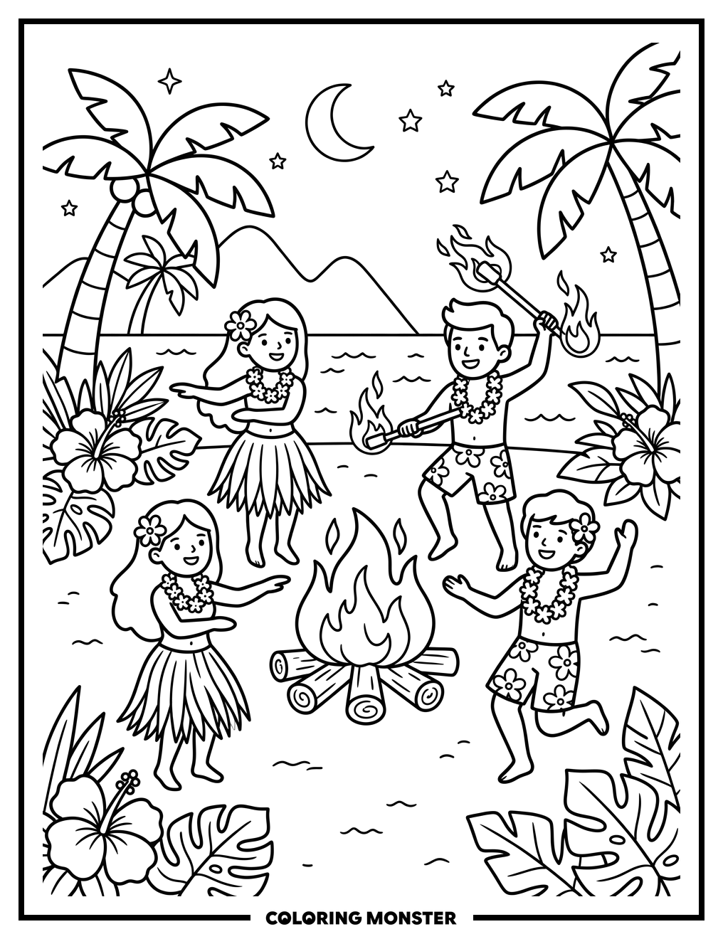 Beach Bonfire Luau Dance Coloring Page