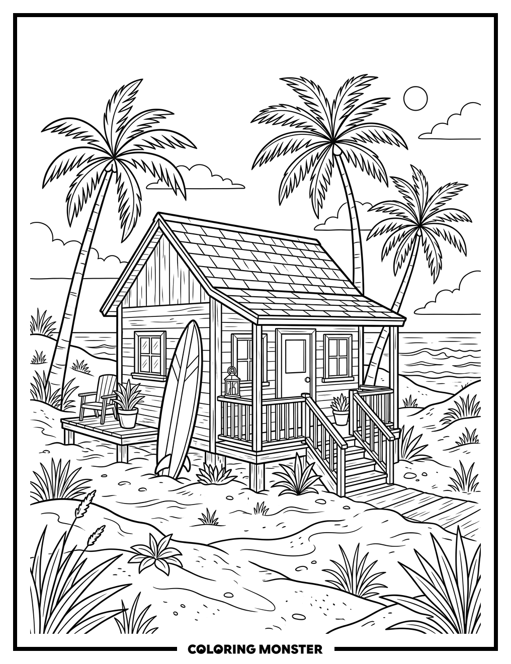 Beach House With Surfboard and Palm Trees Coloring Page