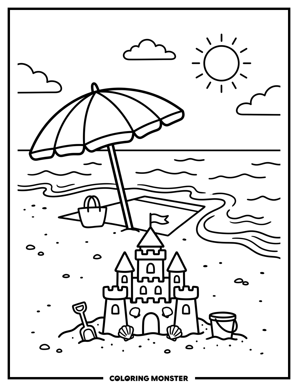 Beach Scene With Sandcastle Coloring Page