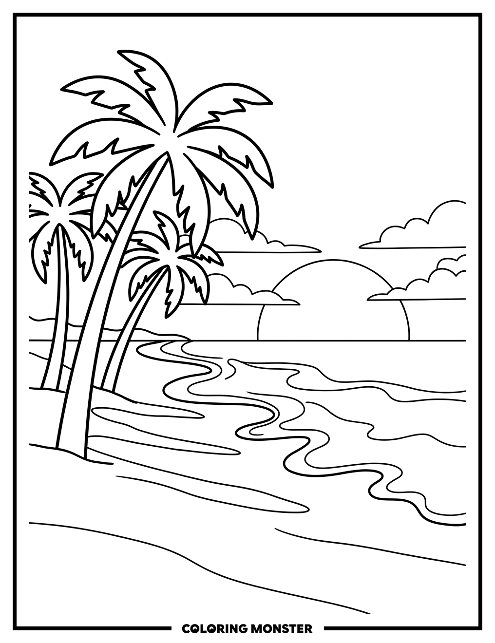 Beach Sunset Palm Trees Coloring Page