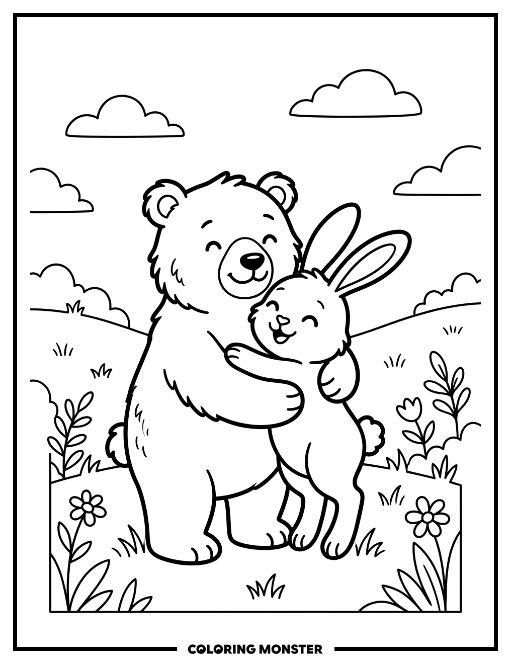 Bear and Bunny Hug Coloring Page
