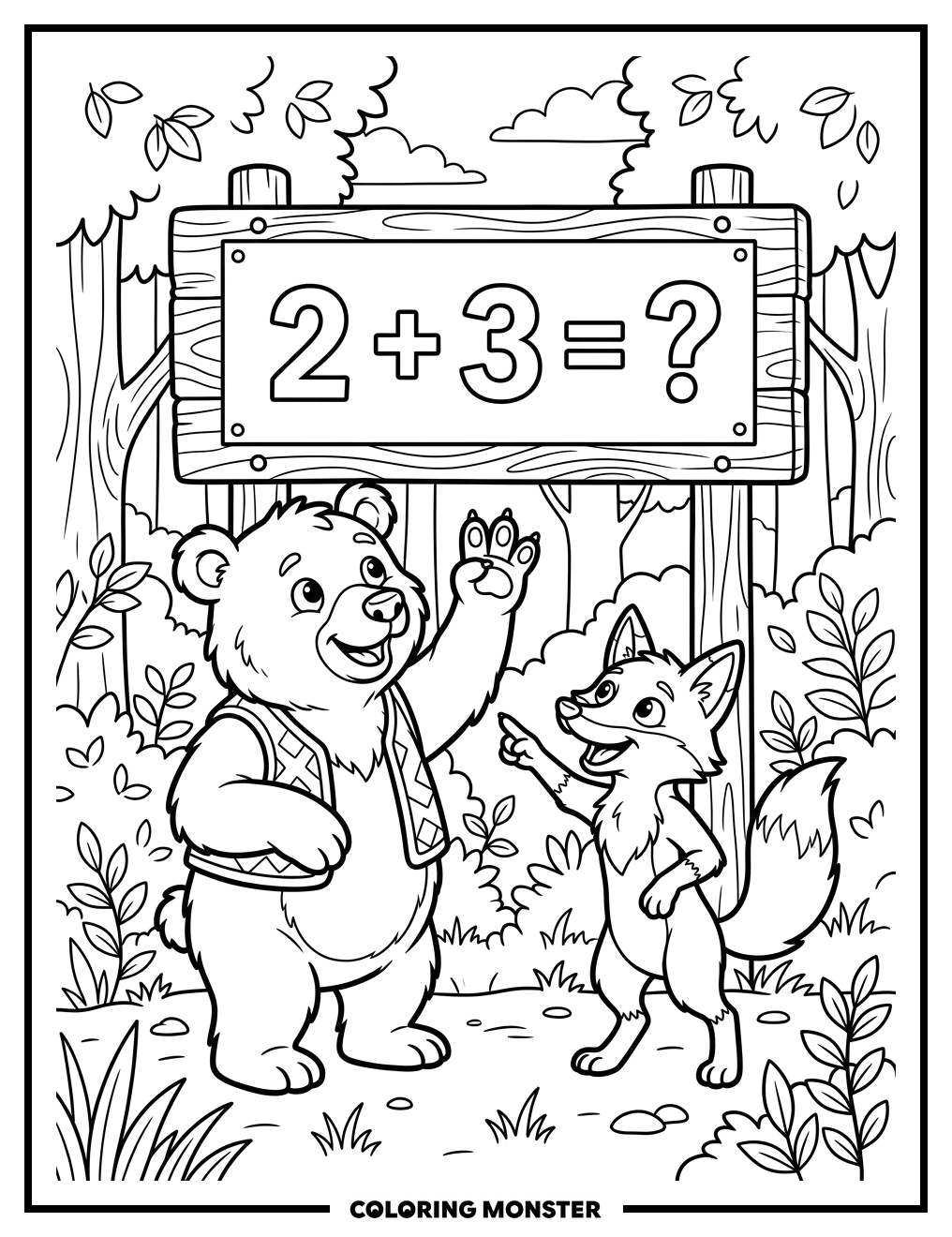 Bear and Fox Solve Math Problem Coloring Page