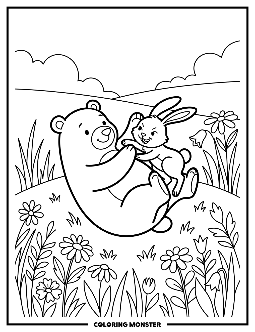 Bear and Rabbit Play Fighting in Meadow Coloring Page