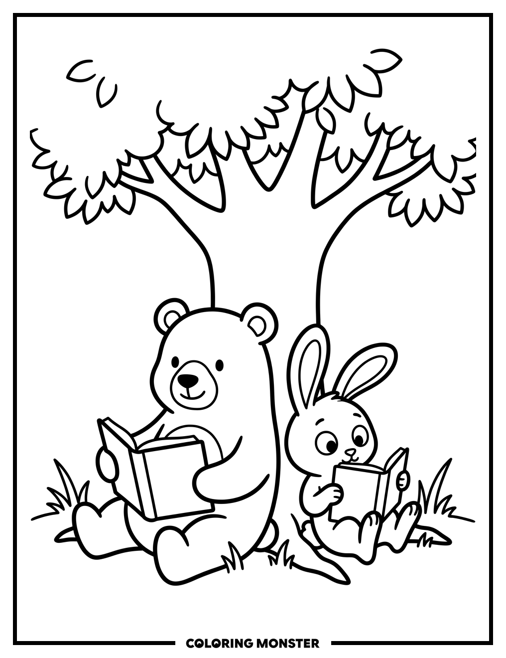 Bear and Rabbit Reading Together Coloring Page