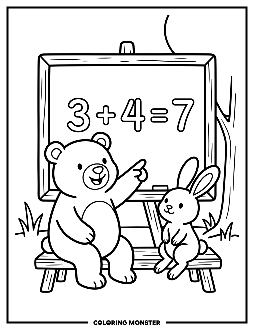 Bear and Rabbit With Math Equation Coloring Page