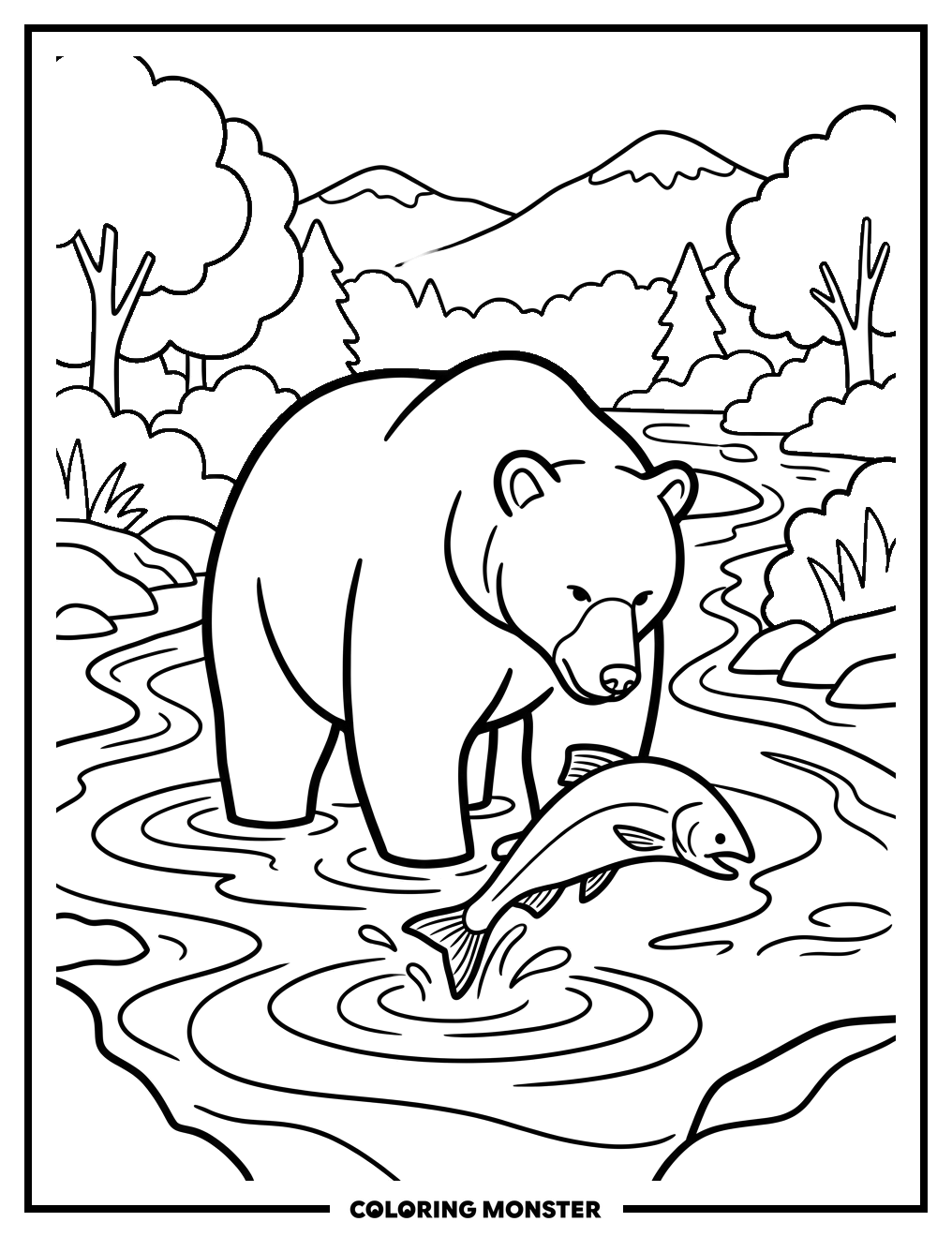 Bear Catches Fish in River Coloring Page