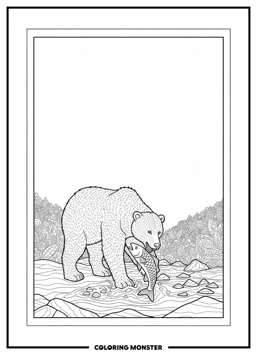 Bear Catching Fish In A River Coloring Page