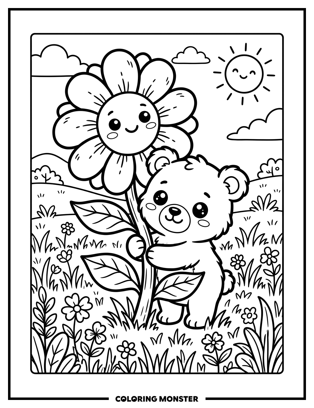 Bear Cub Hugging Flower Coloring Page