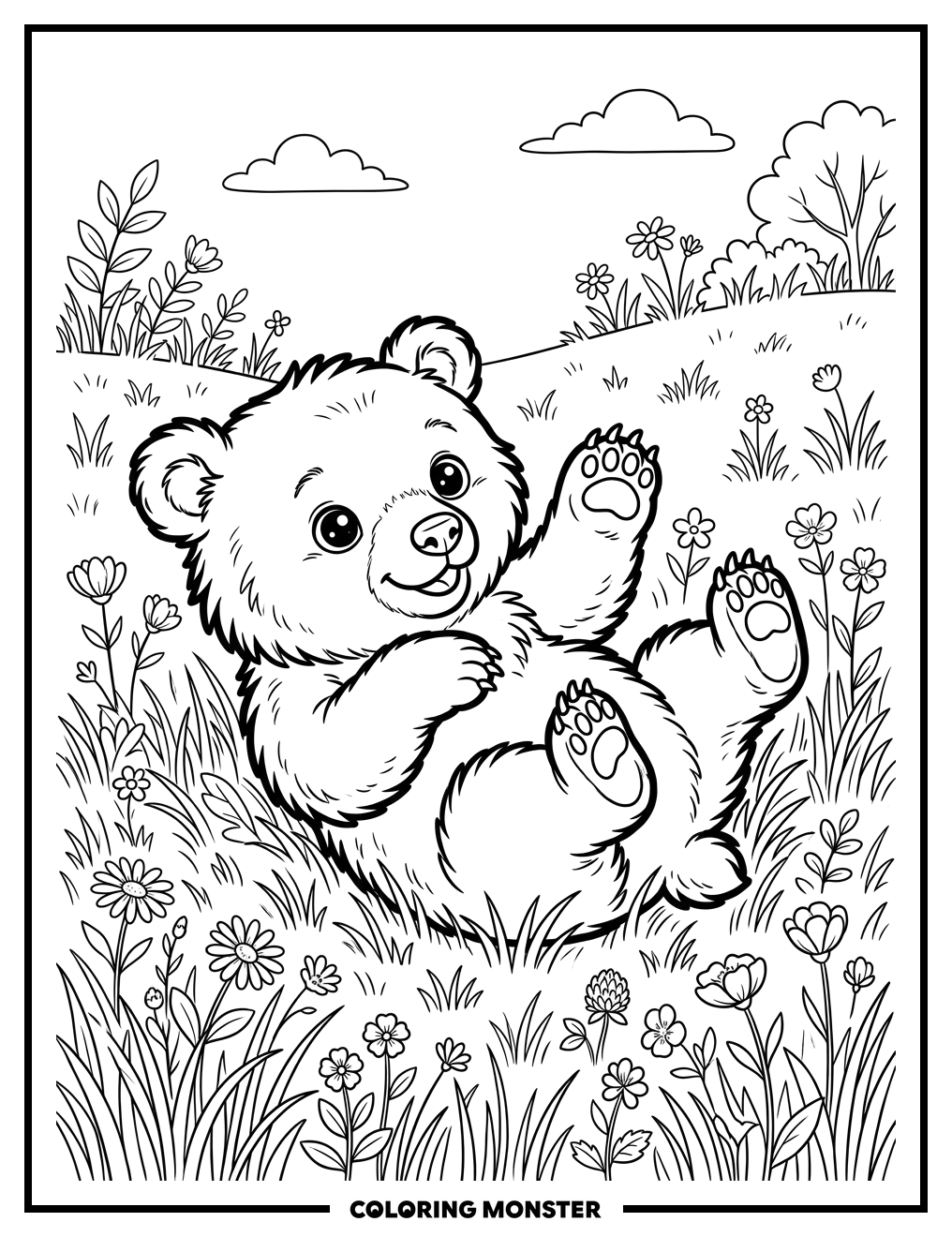 Bear Cub Rolling in Wildflowers Coloring Page