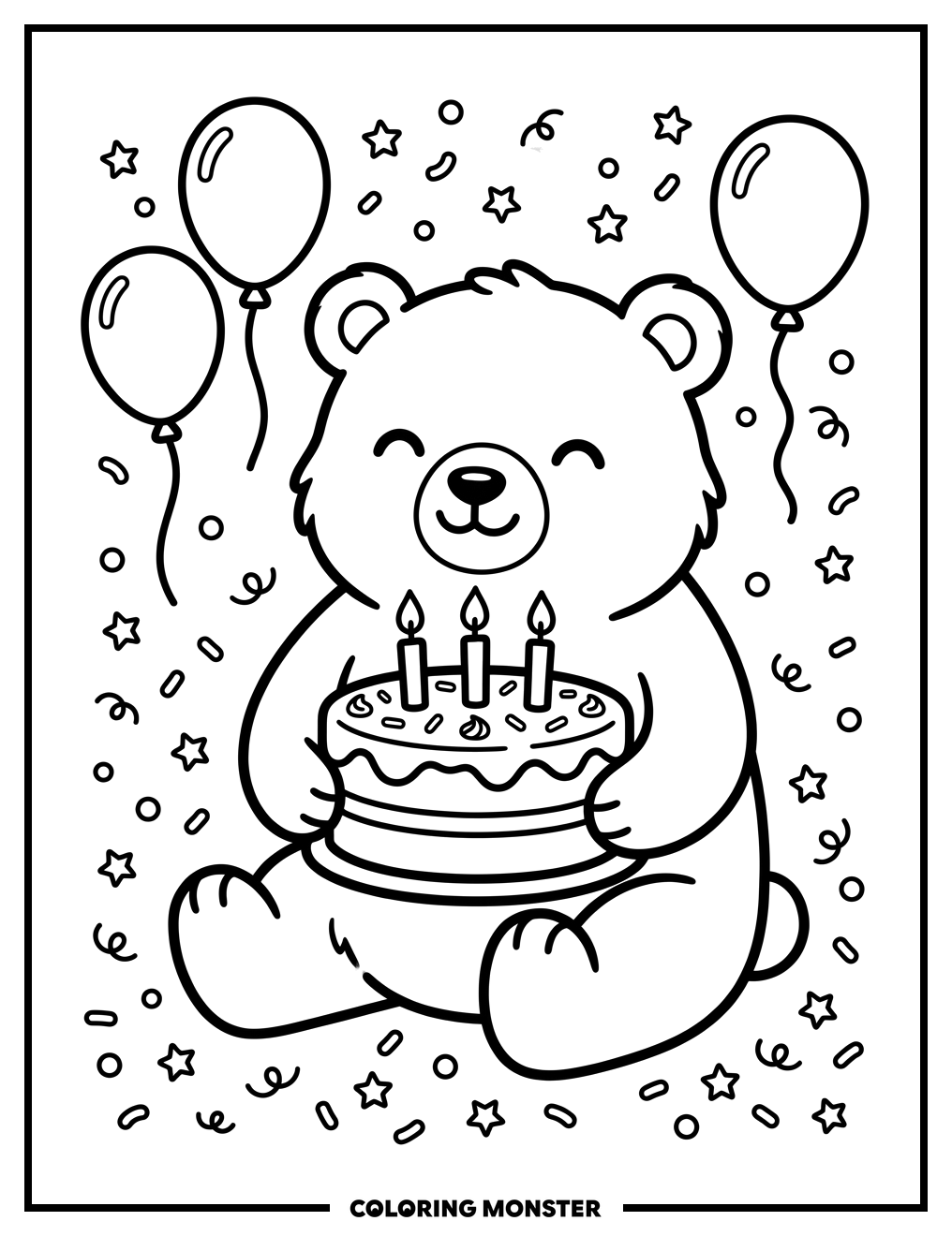 Bear Cub With Birthday Cake Coloring Page