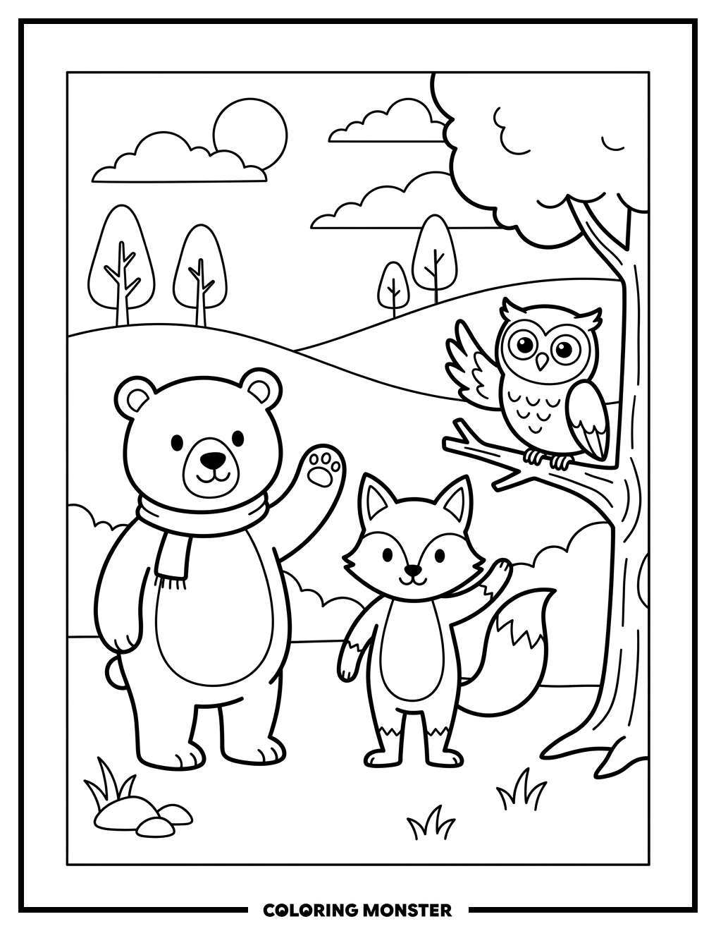 Bear, Fox, and Owl Waving Goodbye Coloring Page