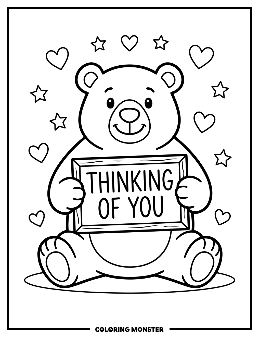 Bear Holding "Thinking of You" Sign Coloring Page