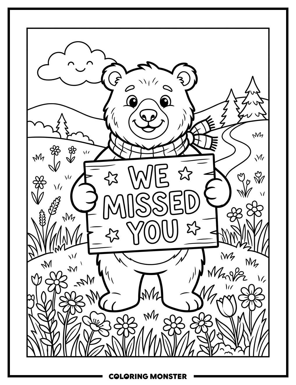 Bear Holding 'We Missed You' Sign Coloring Page