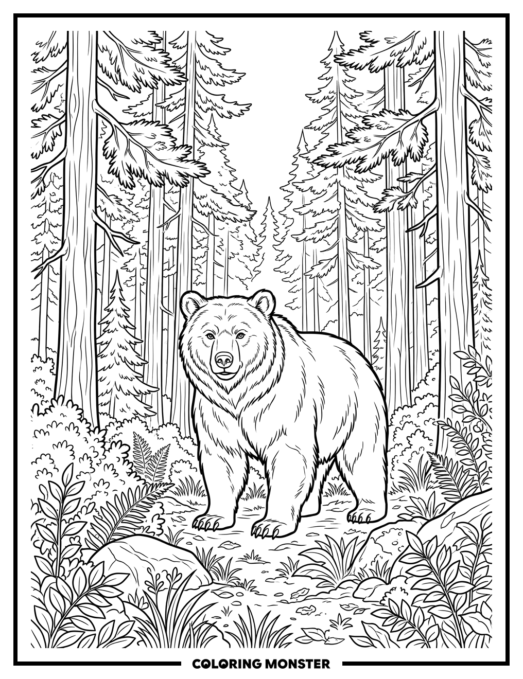 Bear in a Sunny Forest Coloring Page