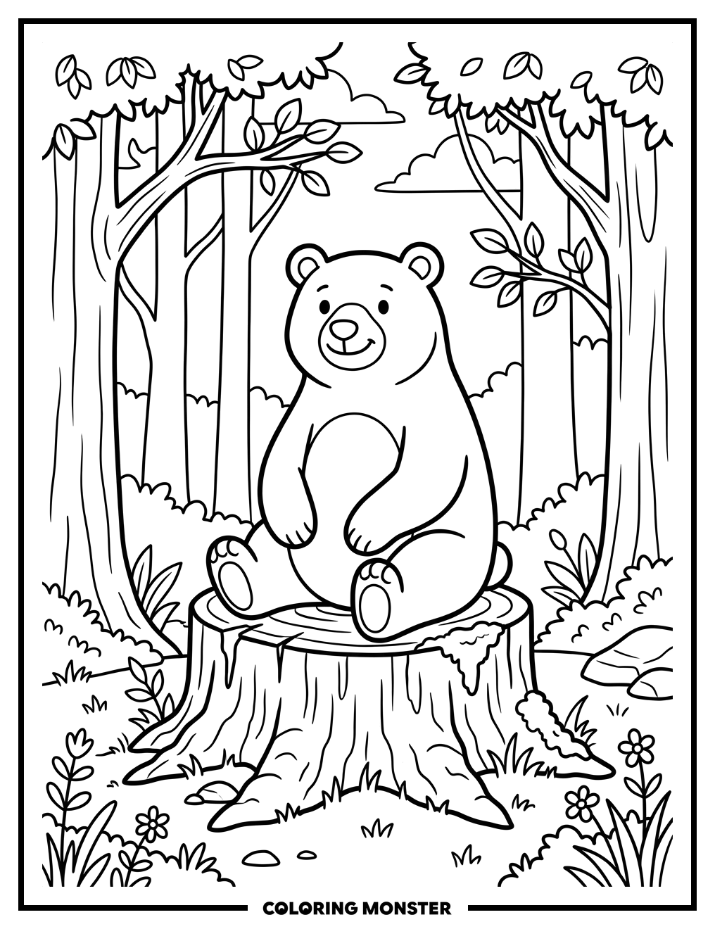 Bear on Tree Stump Coloring Page