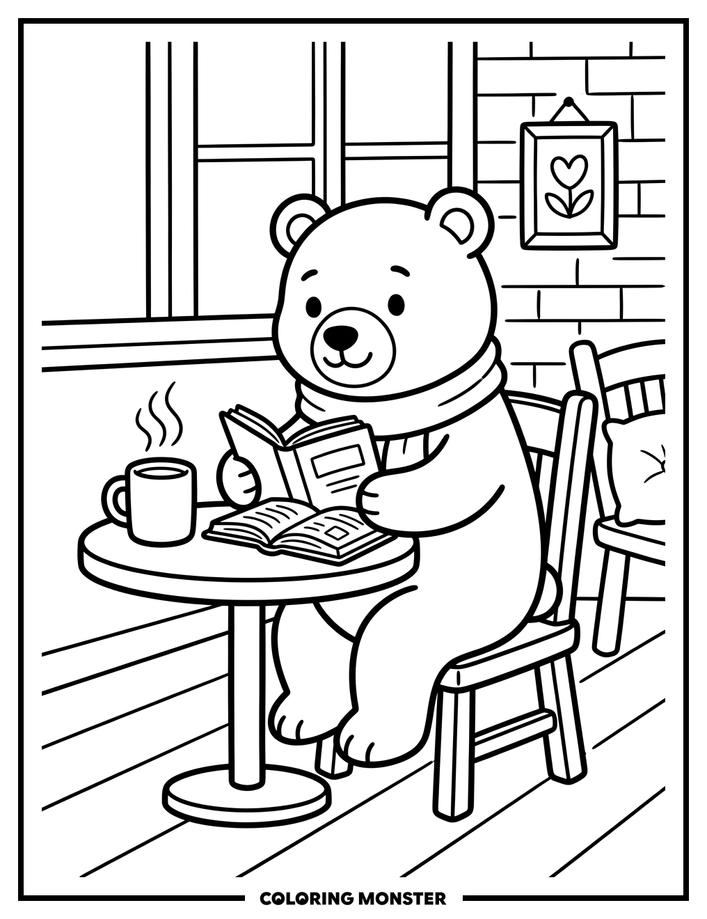 Bear Reading at Cafe Table Coloring Page