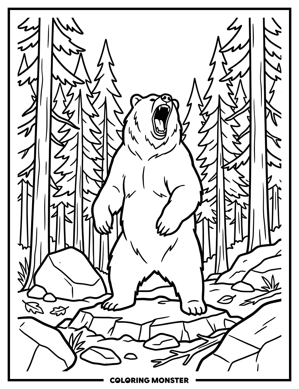 Bear Roaring in Forest Coloring Page