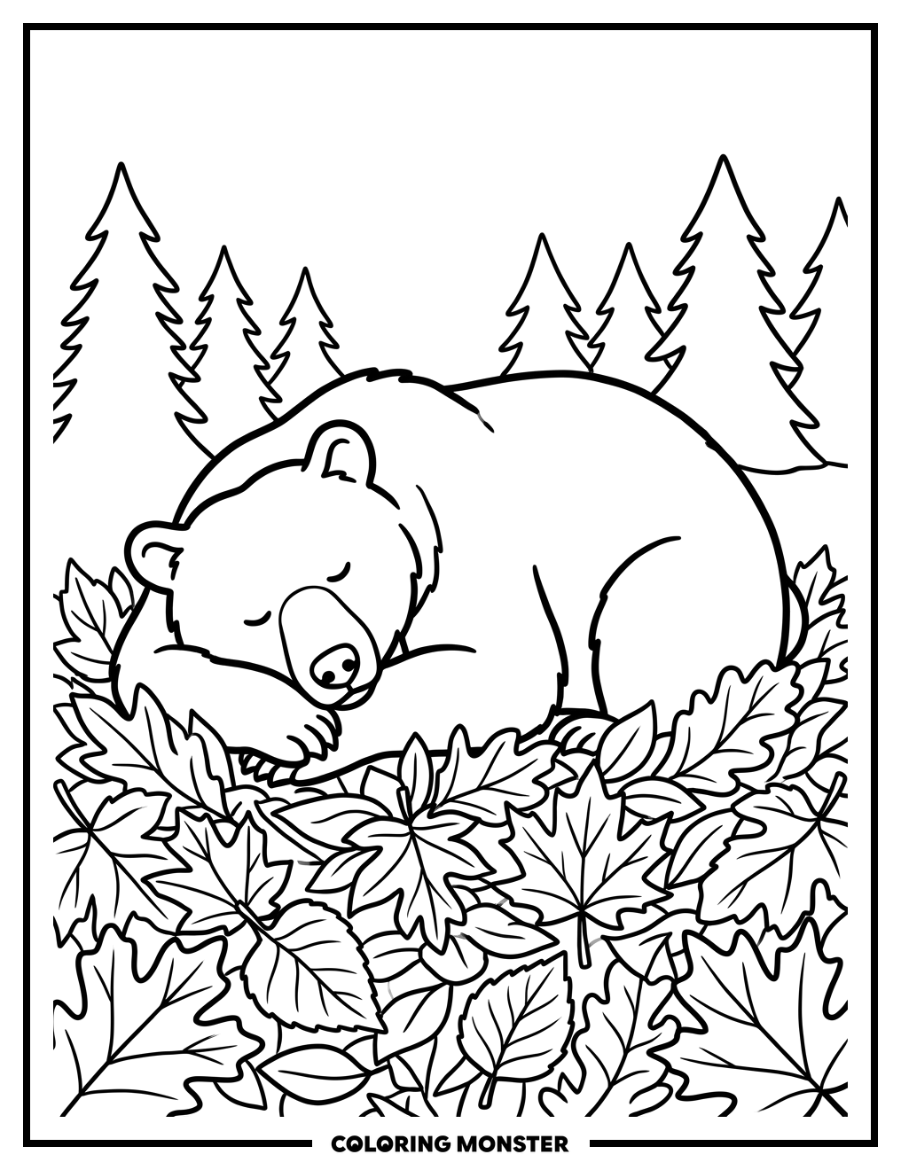 Bear Sleeping in Autumn Leaves Coloring Page