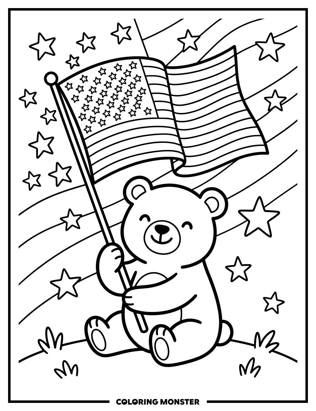 Bear Waving American Flag Coloring Page