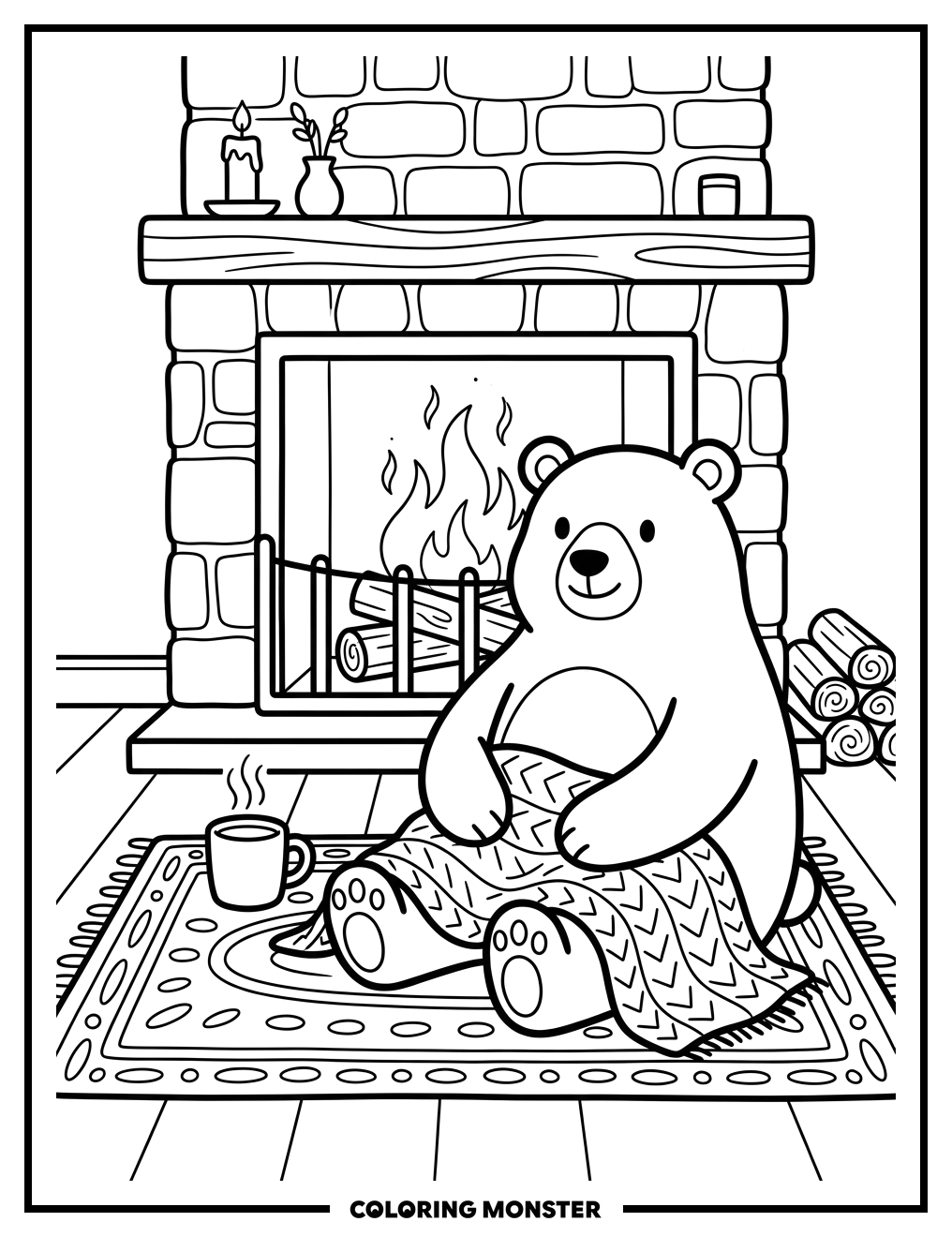 Bear With Mug By Fireplace Coloring Page