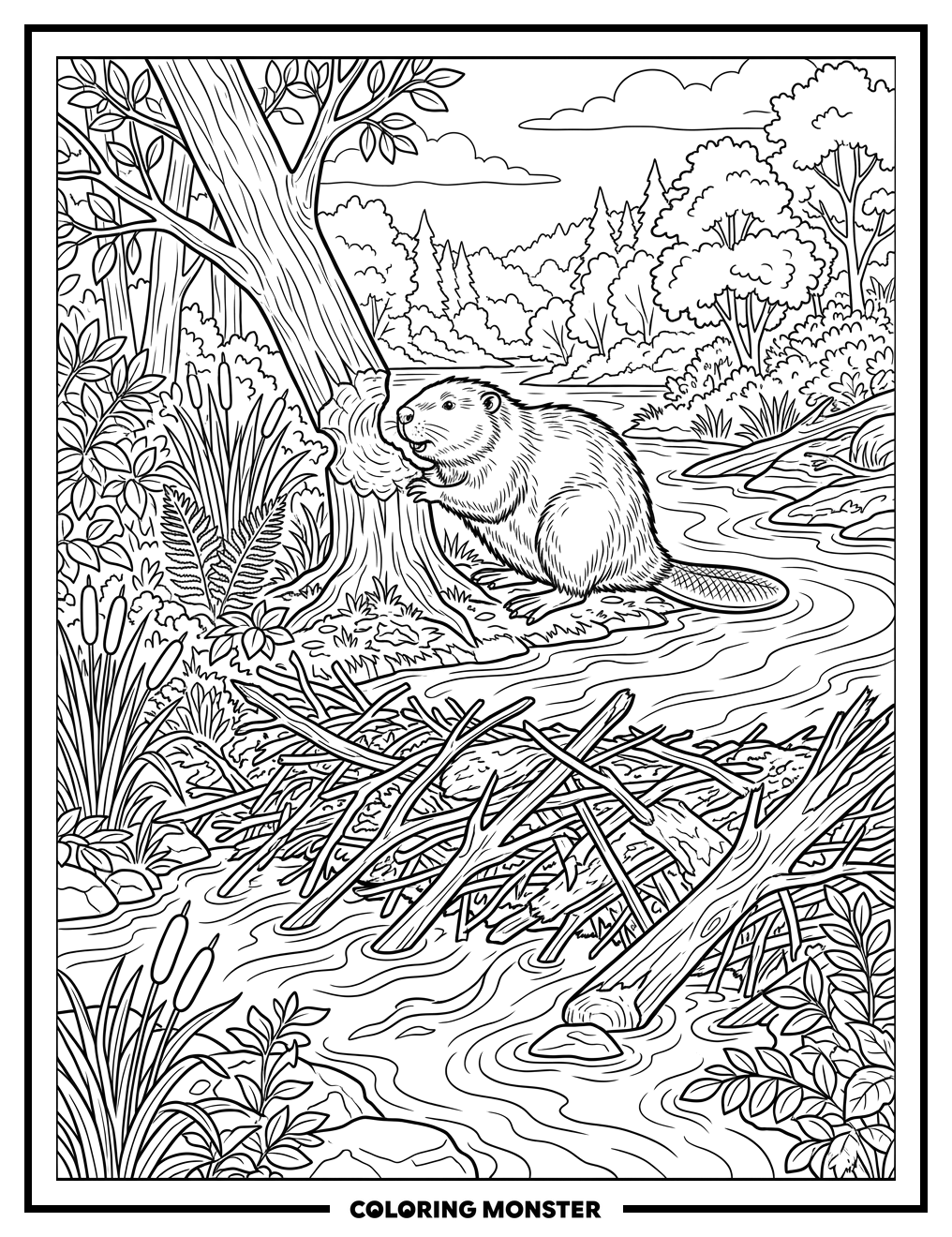 Beaver Building a Dam Coloring Page