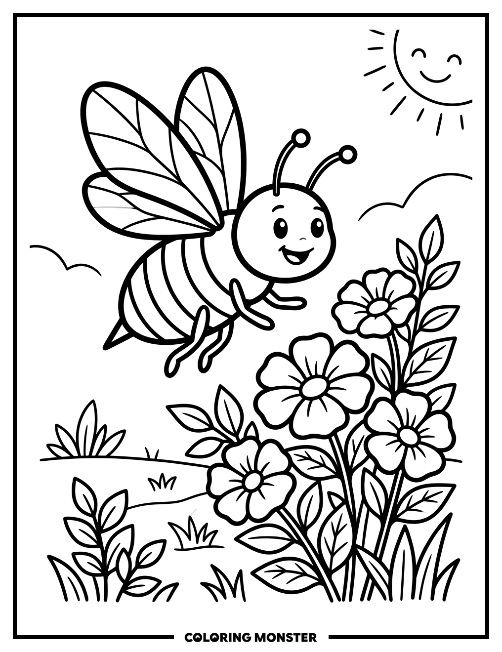 Bee Flying to Flowers Coloring Page