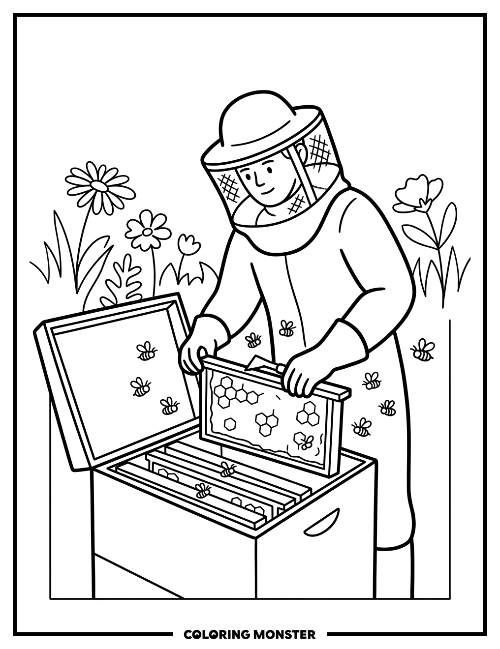 Beekeeper and Beehive Coloring Page