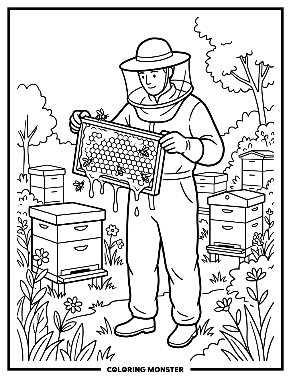 Beekeeper with Honeycomb Frame Coloring Page