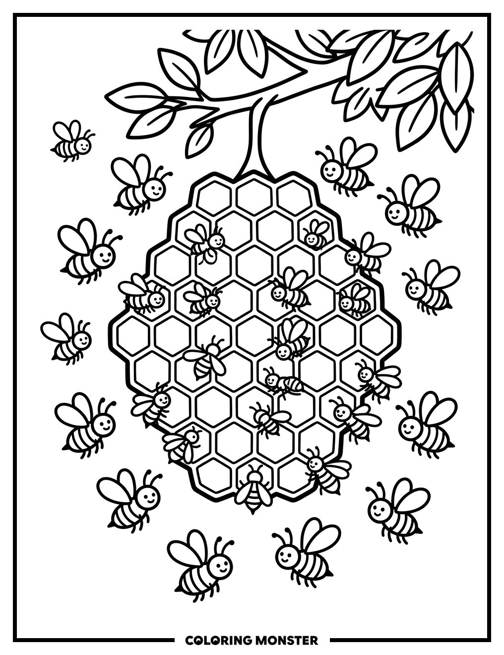 Bees Swarming Honeycomb Hive Coloring Page