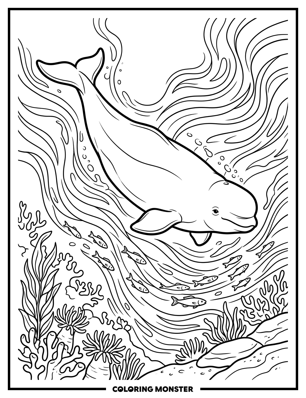 Beluga Whale in Blue Water Coloring Page