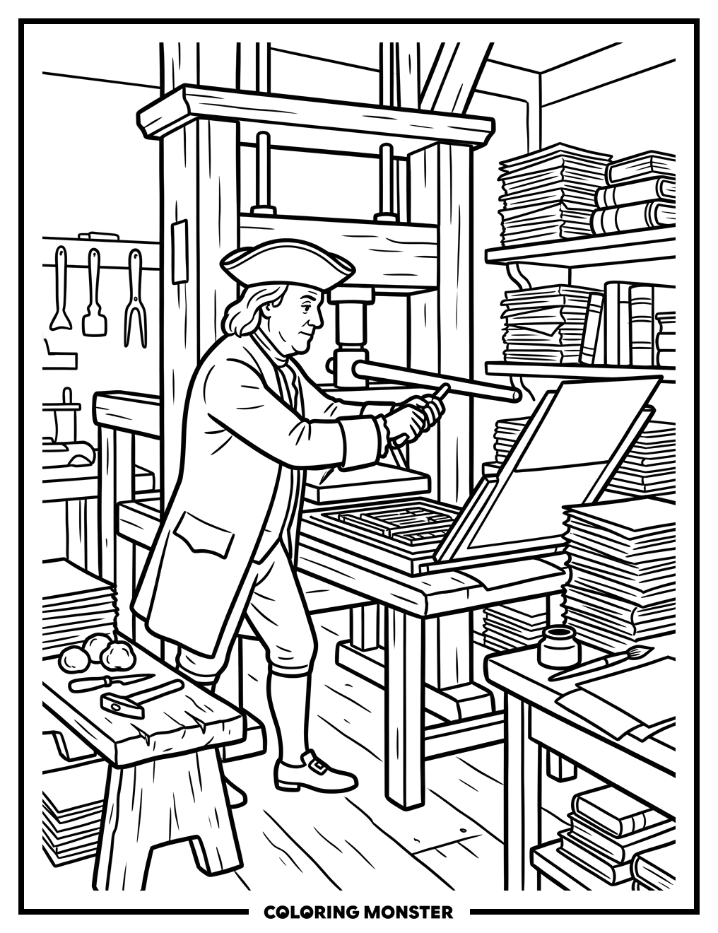 Benjamin Franklin at His Printing Press Coloring Page