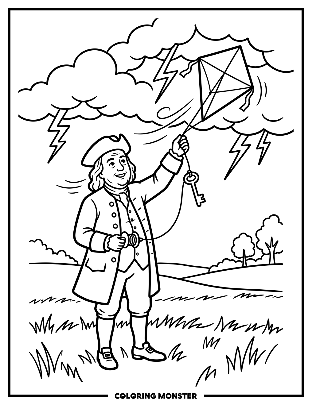 Benjamin Franklin Flies Kite in Storm Coloring Page