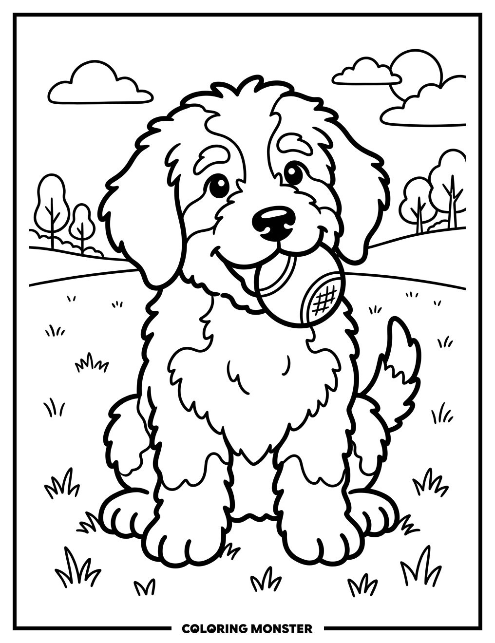 Bernedoodle Puppy With Red Ball Coloring Page