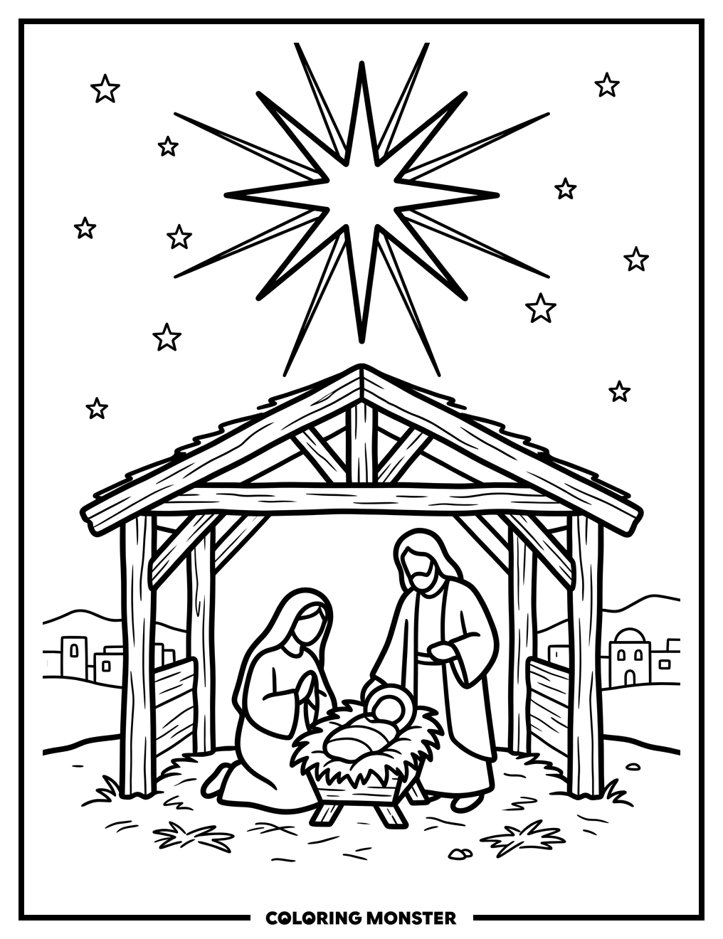 Bethlehem Manger Scene Star Coloring Page