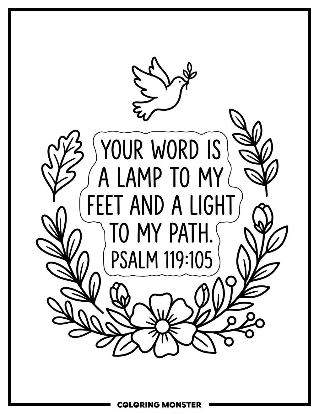 Bible Verse with Flowers and Dove Coloring Page