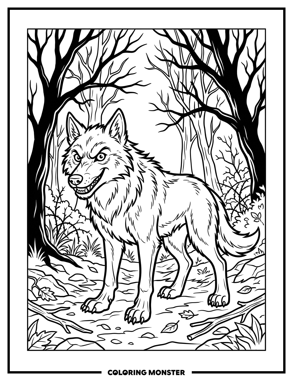 Big Bad Wolf in Sparse Forest Coloring Page
