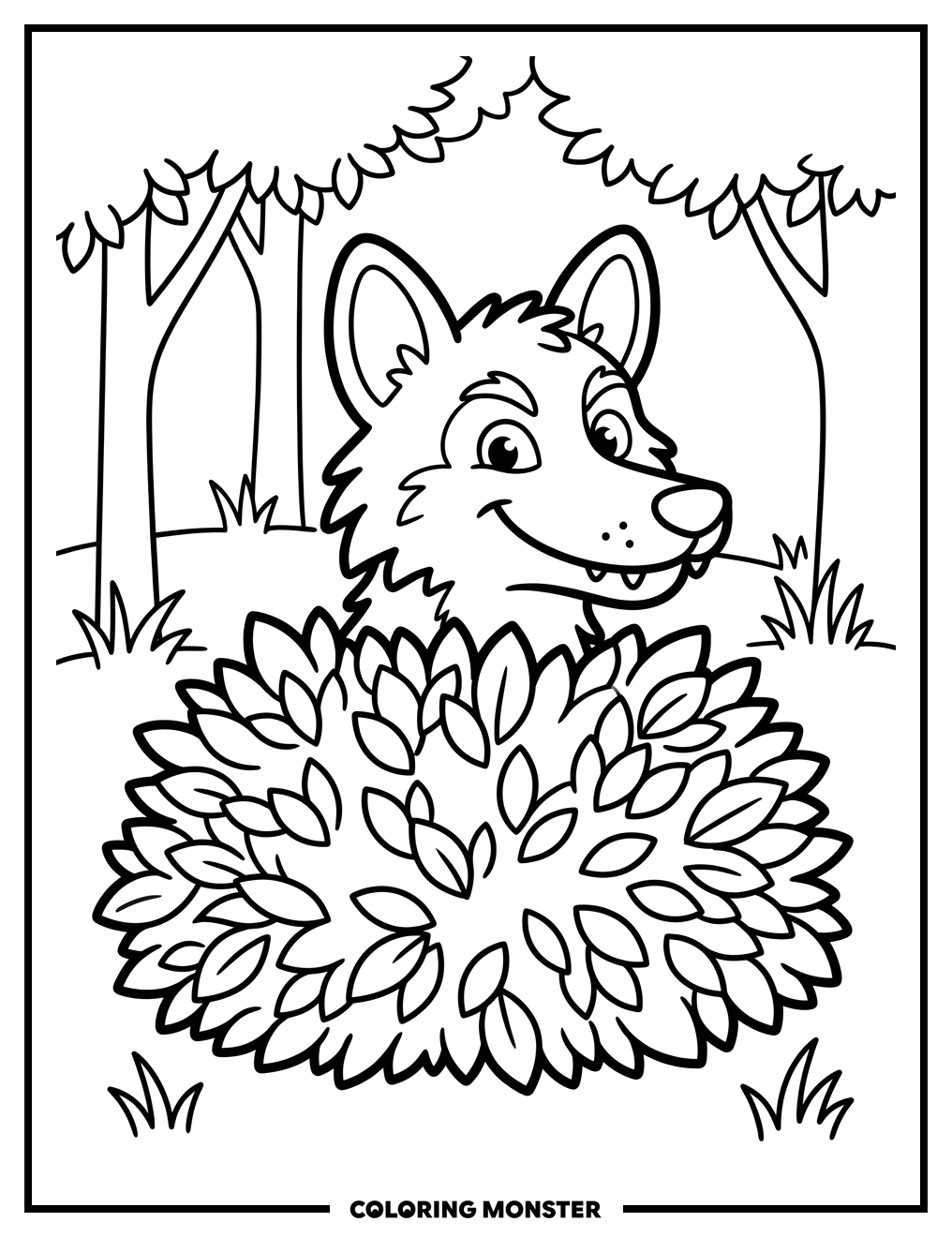 Big Bad Wolf Peeking From Bush Coloring Page