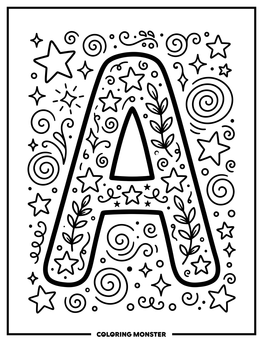 Big Letter A With Stars and Swirls Coloring Page