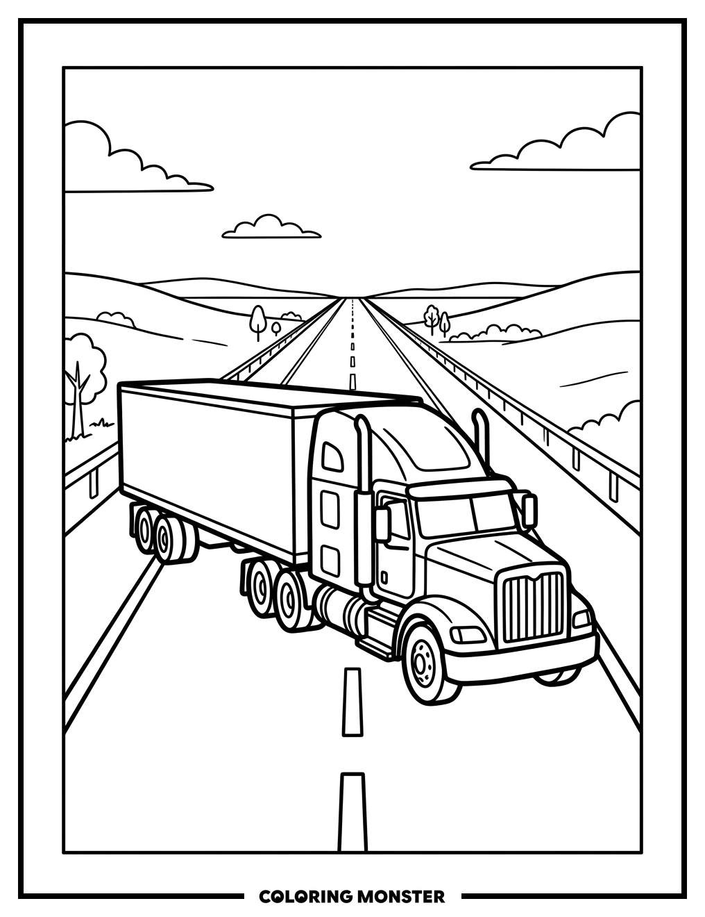 Big Rig Truck on Highway Coloring Page