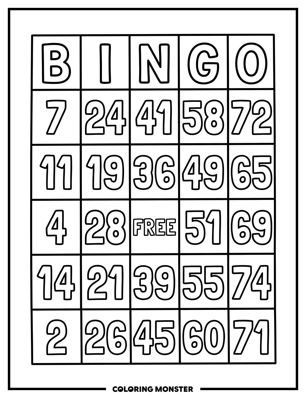 Bingo Card With Numbers Coloring Page