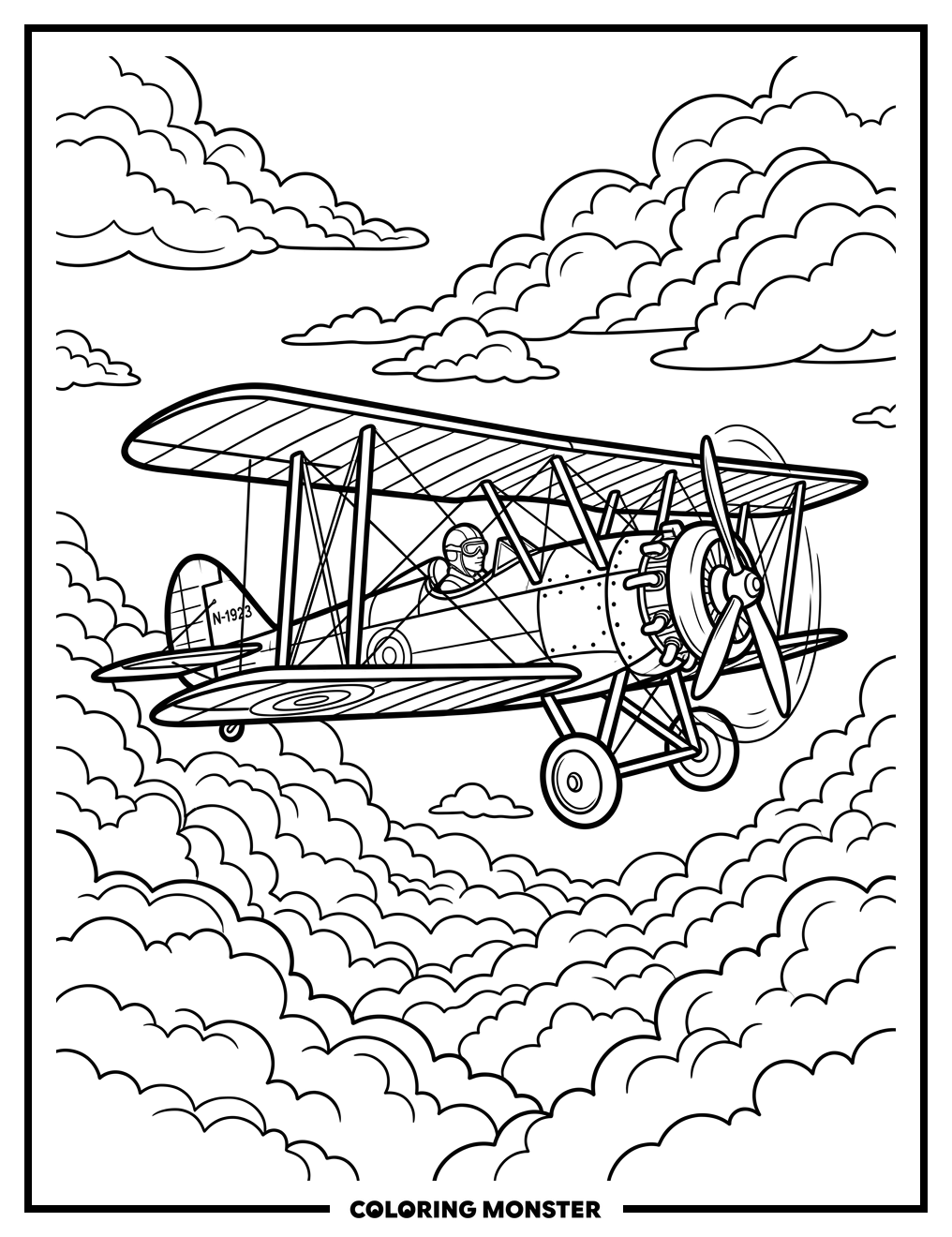 Biplane Flying Through Clouds Coloring Page