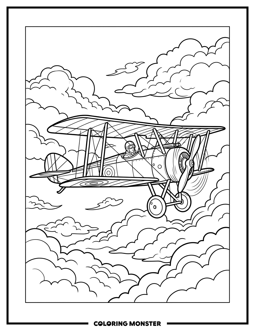 Biplane Soaring Through Clouds Coloring Page