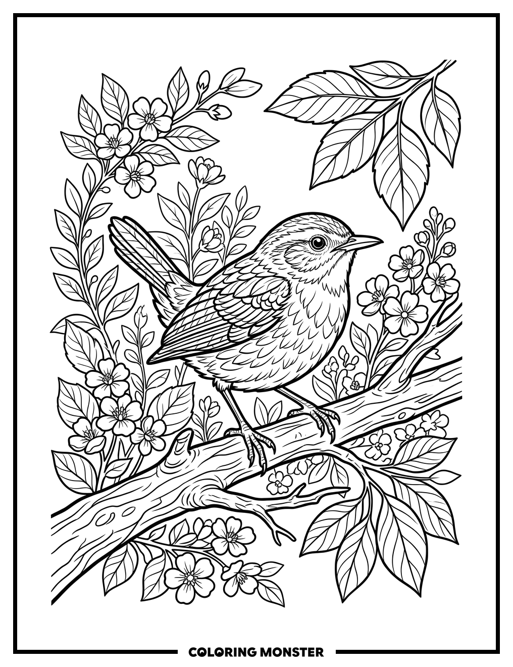 Bird Perched on a Branch Coloring Page