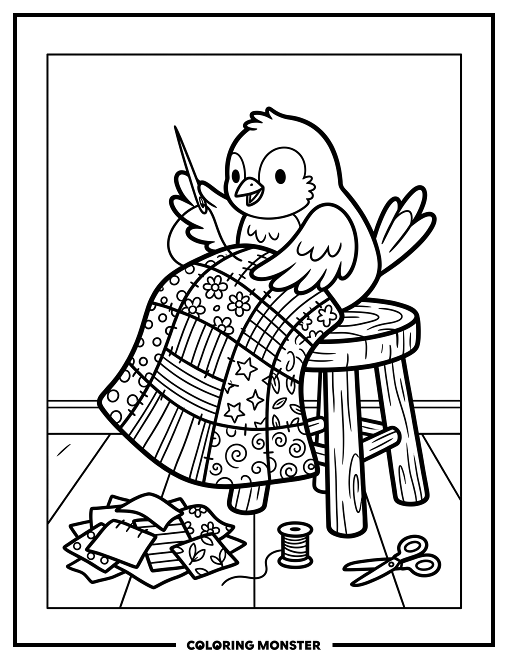 Bird Sewing A Quilt Coloring Page