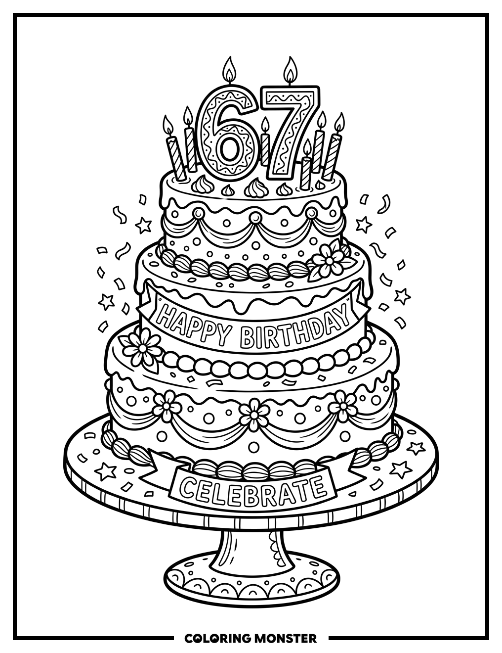Birthday Cake With 67 Candles Coloring Page