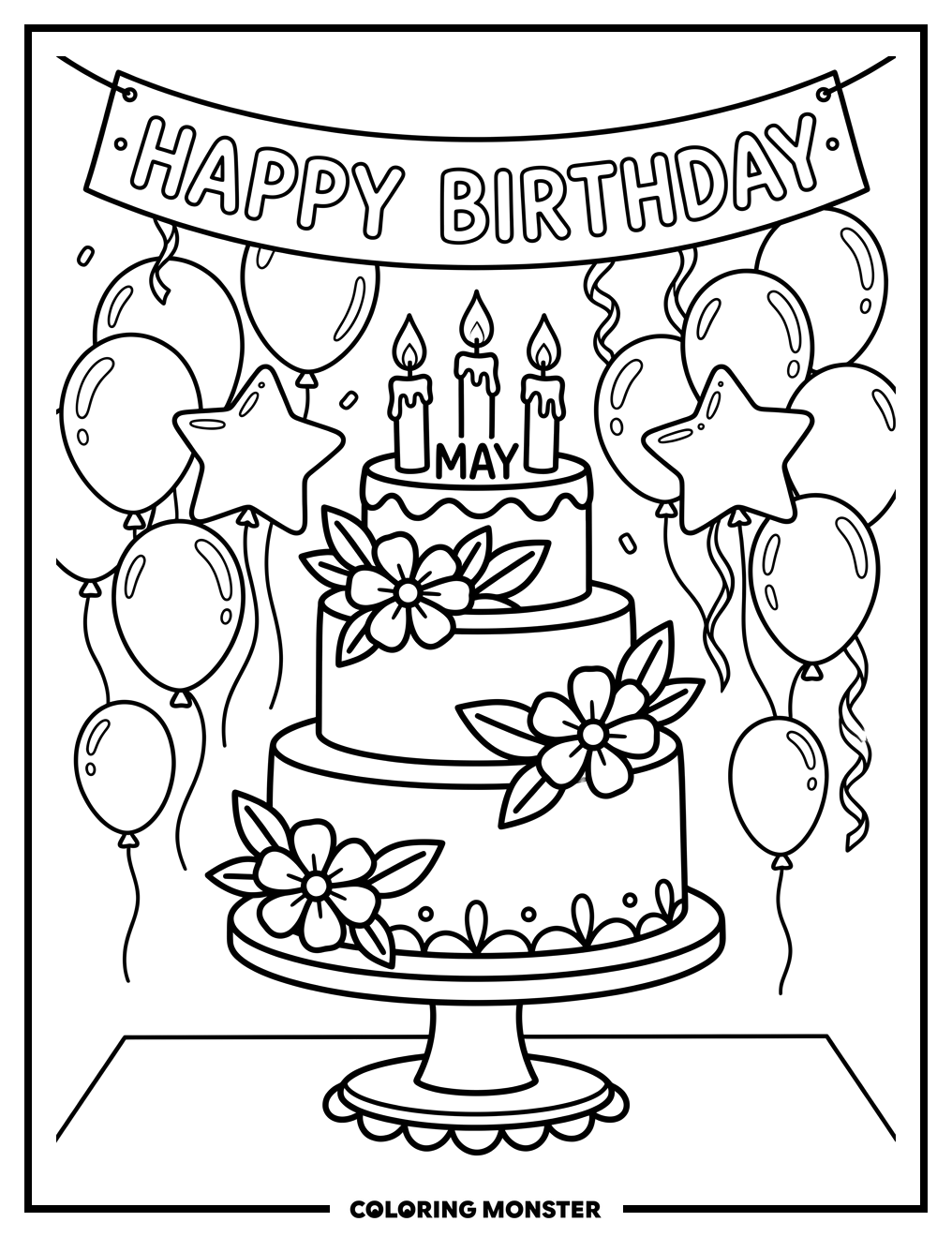 Birthday Cake with Balloons and Flowers Coloring Page