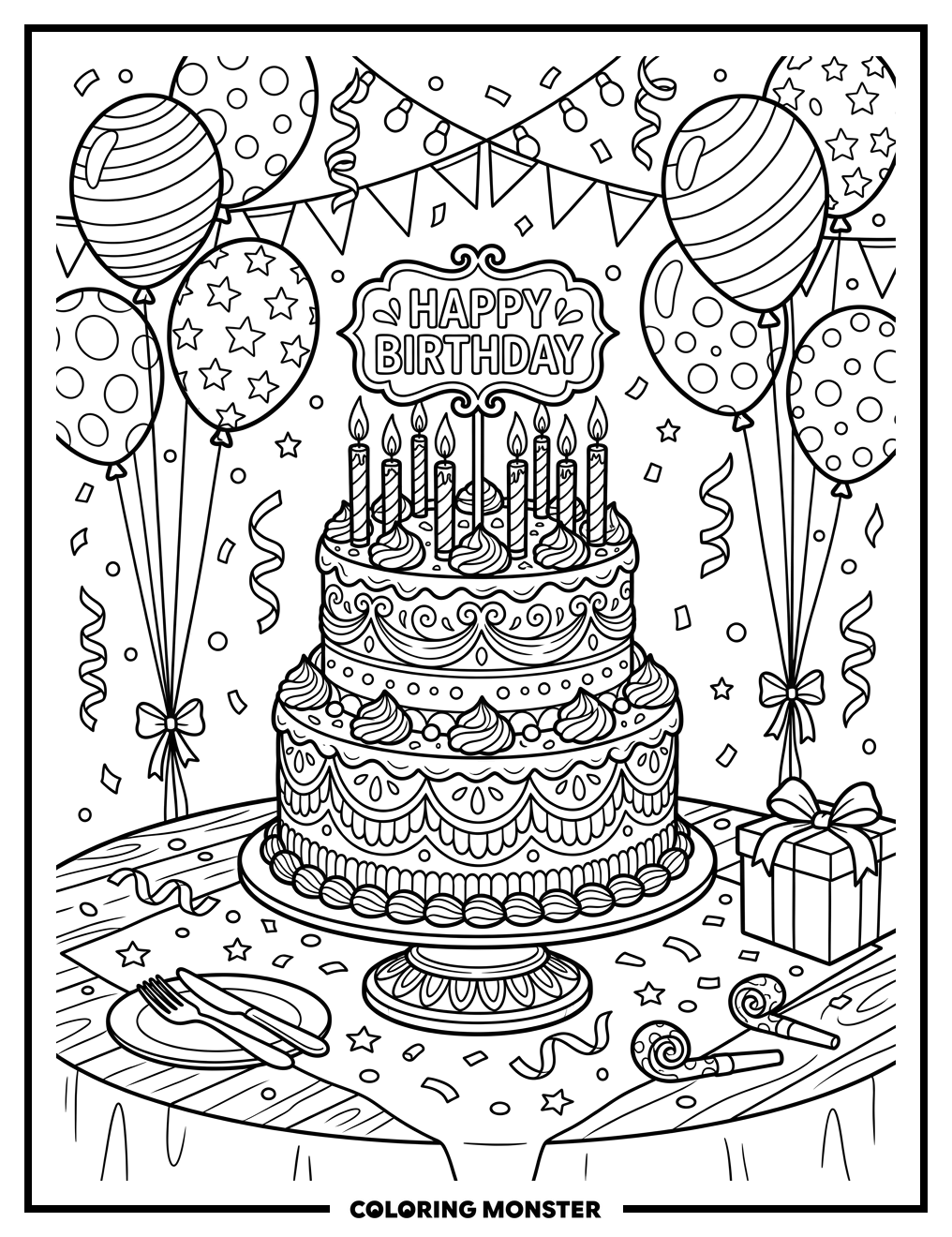 Birthday Cake with Candles and Balloons Coloring Page
