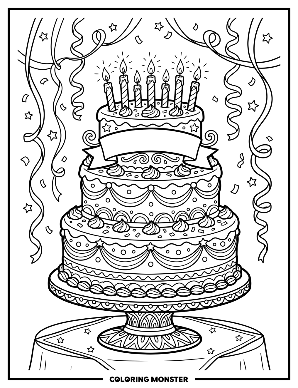 Birthday Cake With Candles And Banner Coloring Page