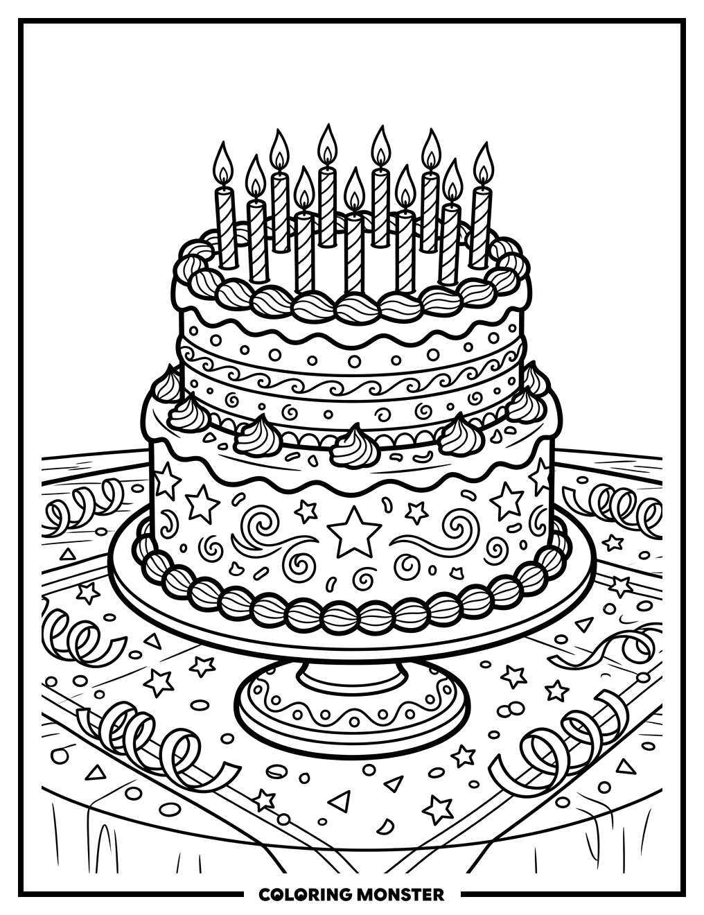 Birthday Cake With Candles And Confetti Coloring Page