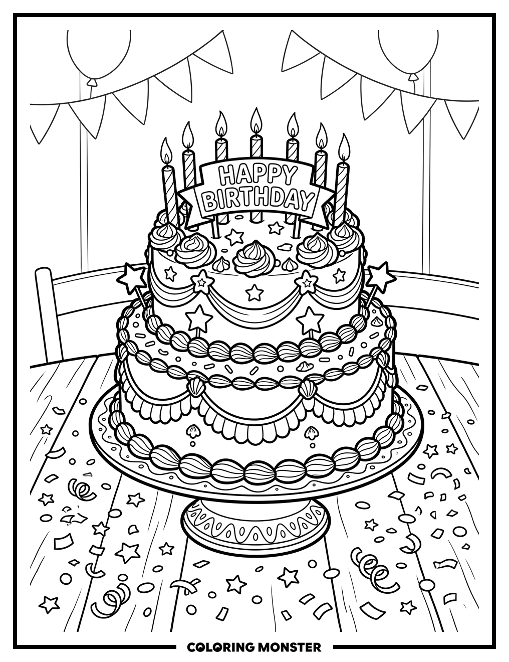 Birthday Cake with Candles and Confetti Coloring Page